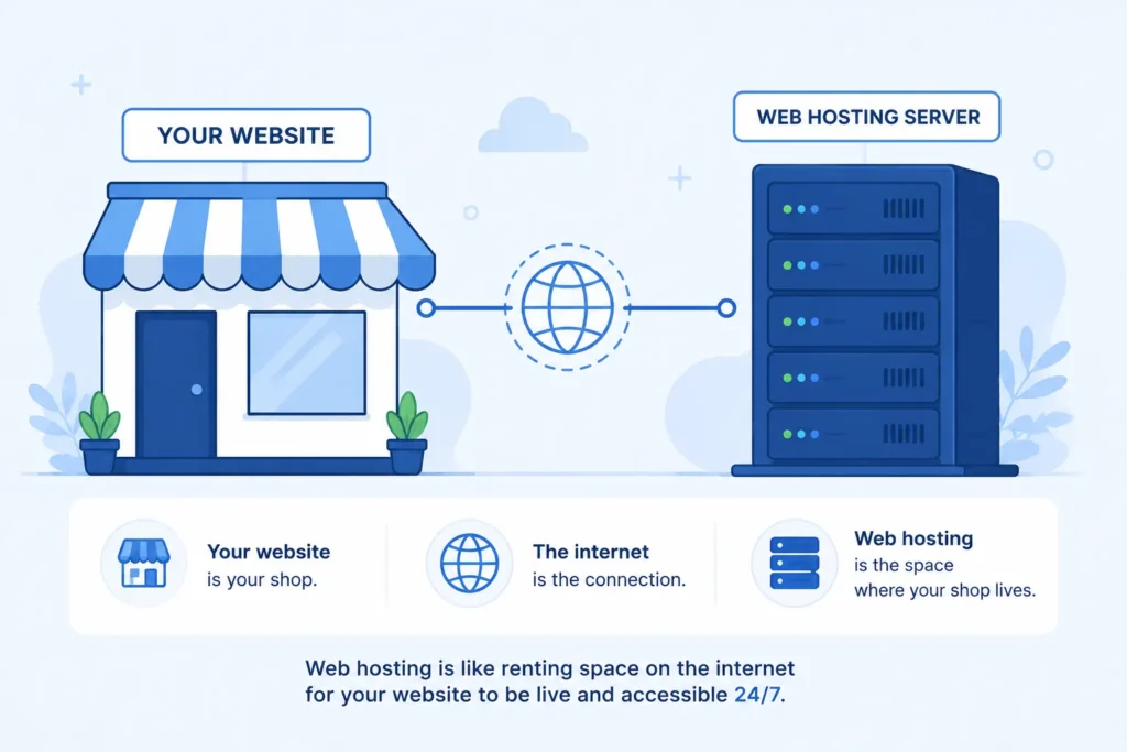 "Web hosting explained with server and website illustration"