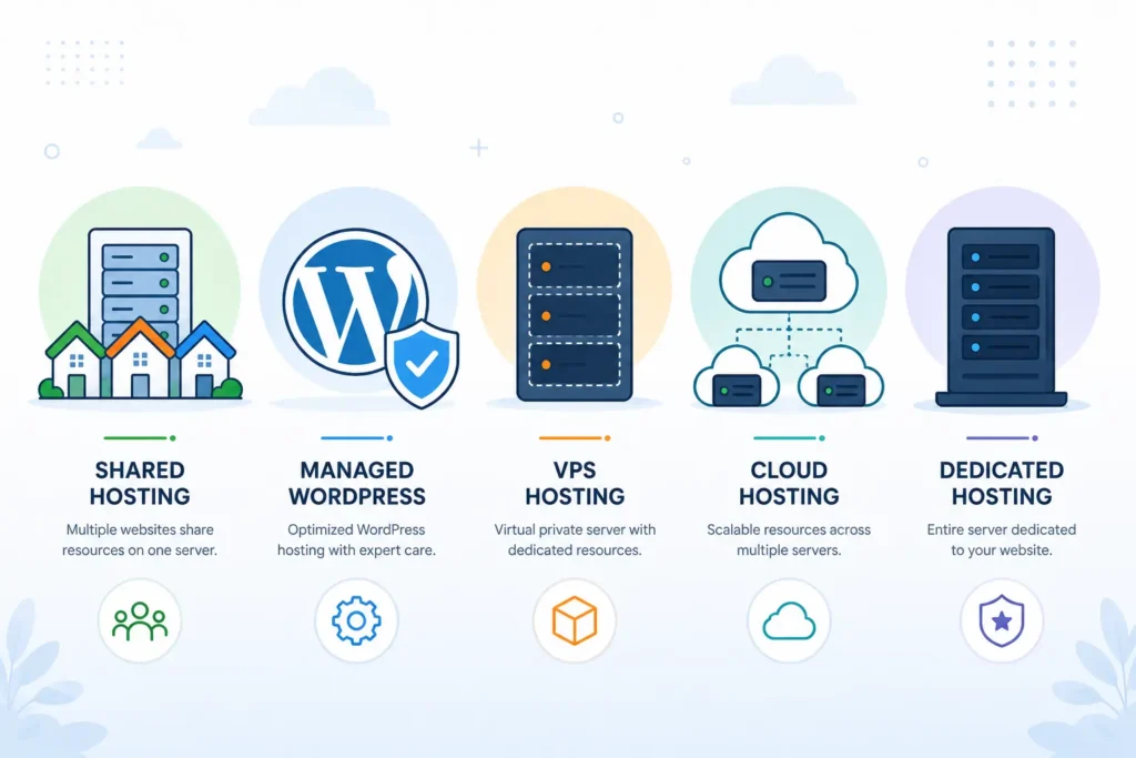 "Shared, VPS, cloud and dedicated hosting types comparison chart"